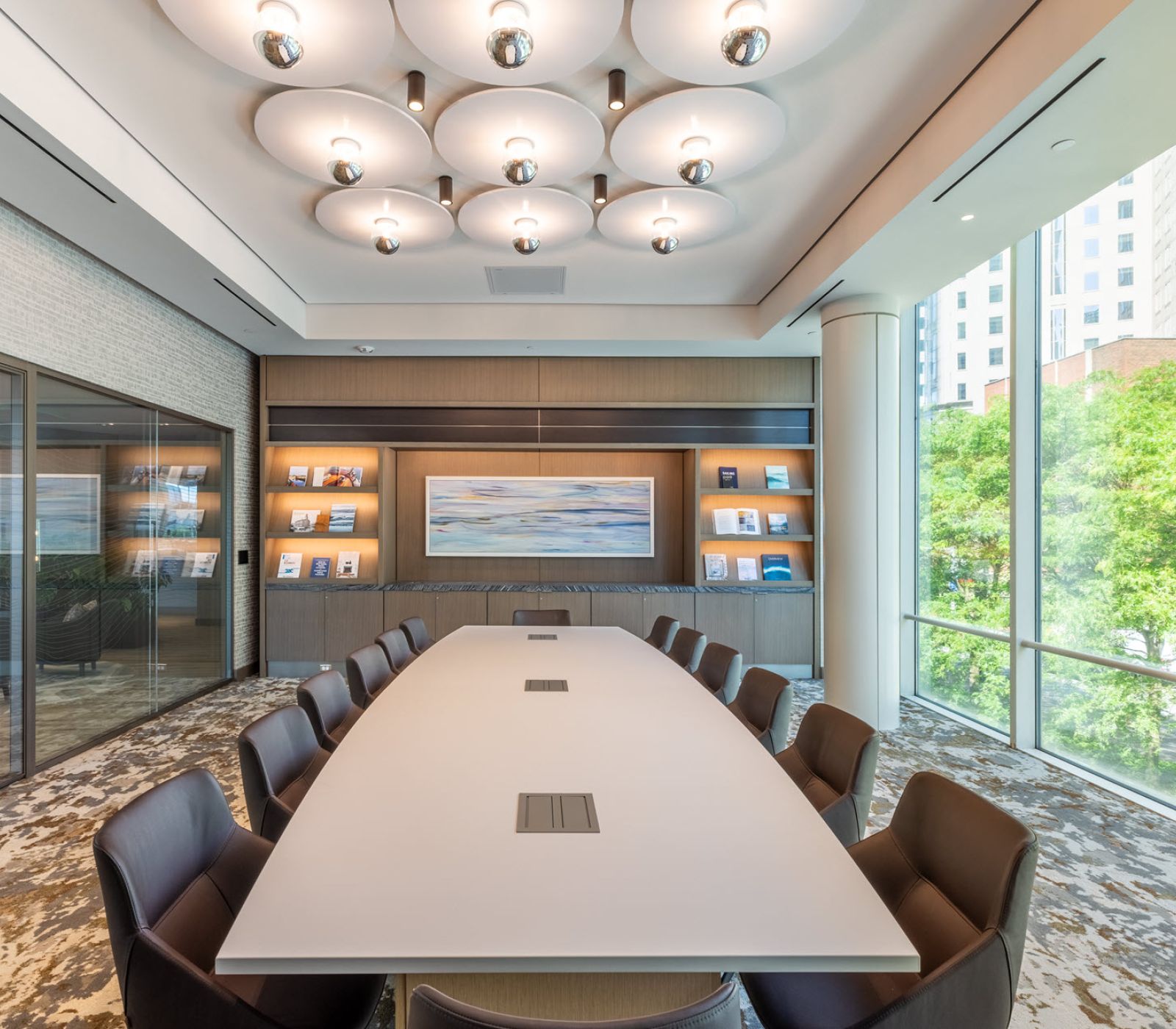 Modern boardroom with windows.